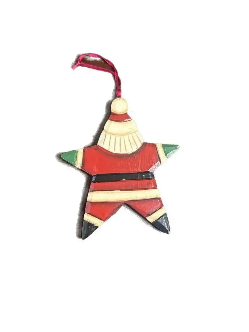 Hand Carved Wooden Folk Art Star Santa Claus Christmas Ornament 6”x5”